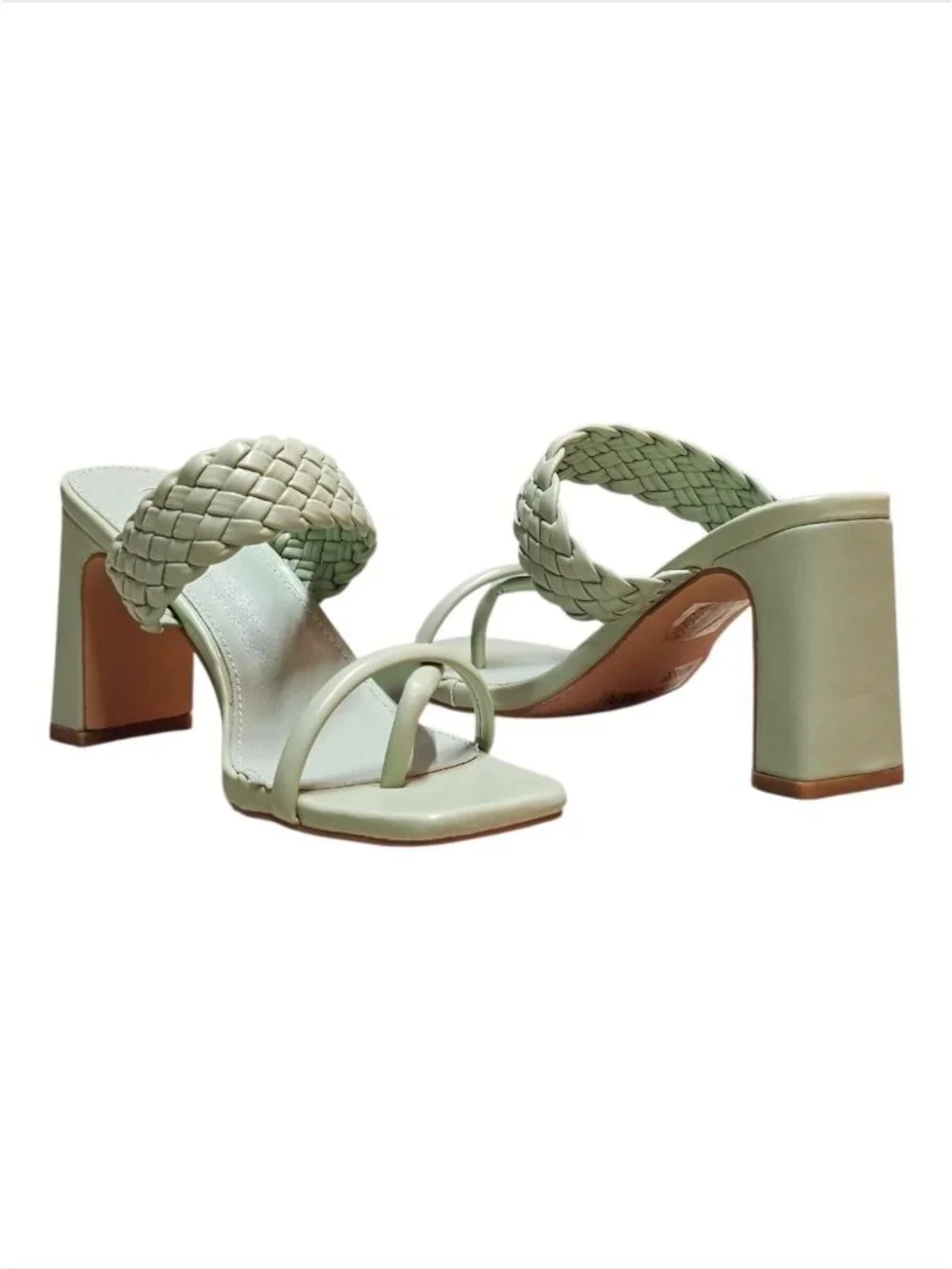 Woven Strap Block Heel Sandals Sage Green Square Toe Slip-On Design Womens Footw